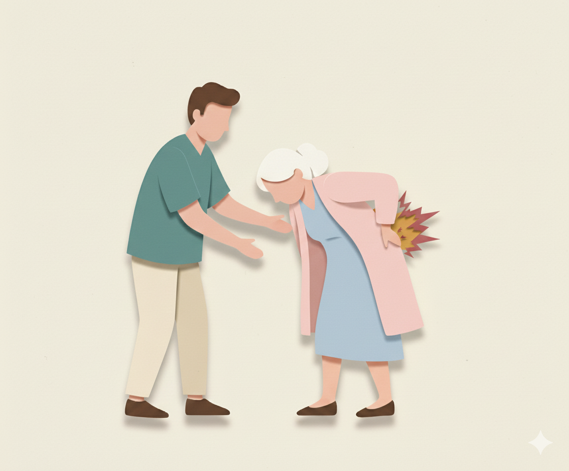 Ältere Frau hält sich den Rücken und andere Person unterstützt die ältere Frau