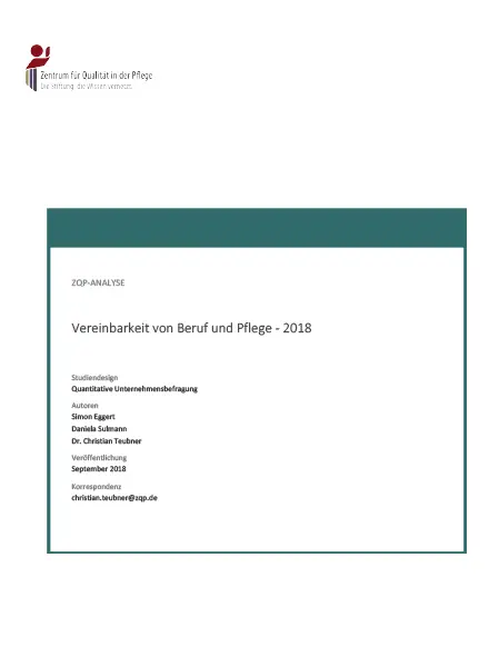 Titelblatt der Analyse Vereinbarkeit von Beruf und Pflege - 2018