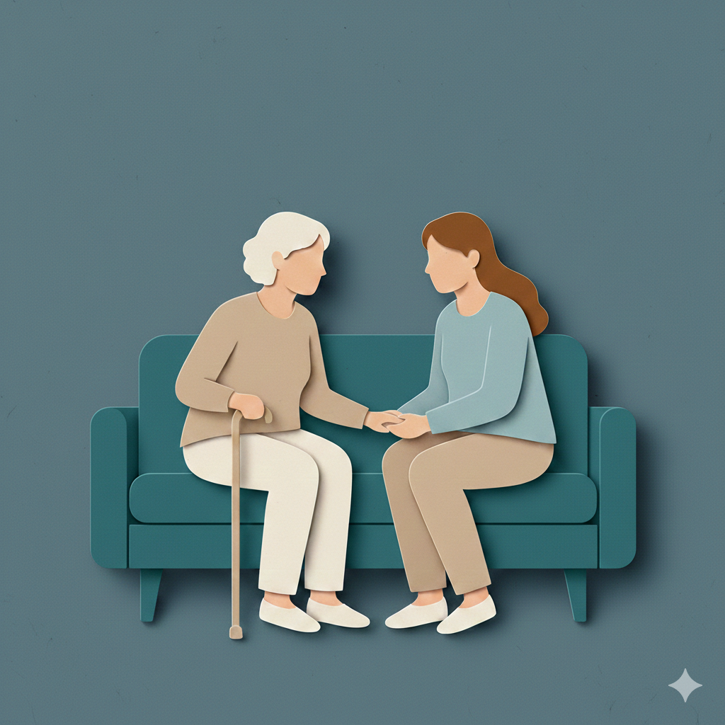 ältere Person und pflegende Angehörige sitzen zusammen auf dem Sofa und halten sich an der Hand