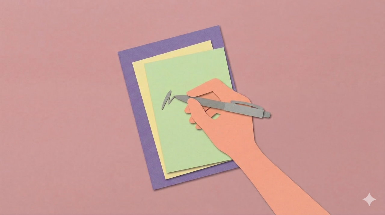 Hand hält Stift und schreibt damit auf Arbeitsblätter