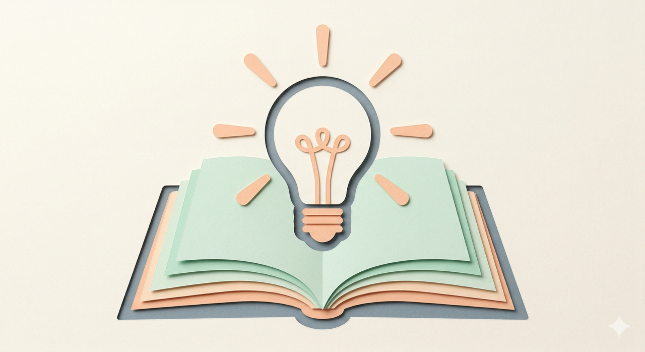 aufgeschlagenes Buch mit einer Glühbirne