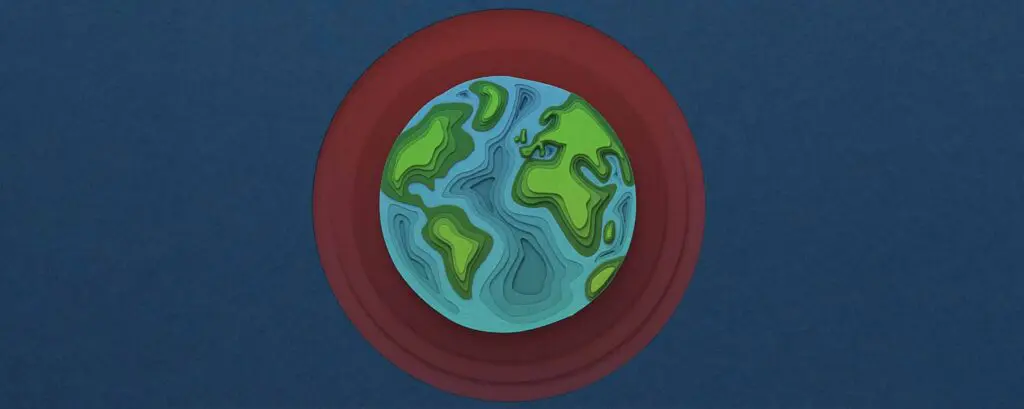 Erdkugel mit roter Umrandung als Symbol für Klimawandel und Hitze