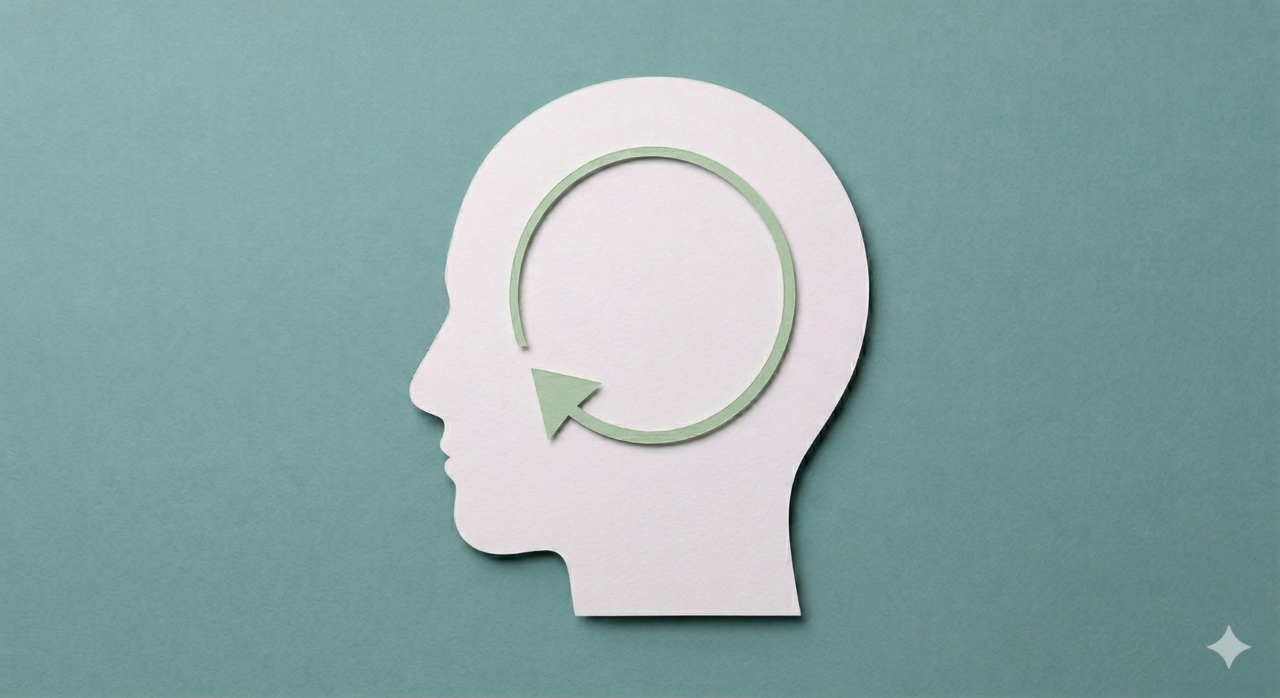 Kopf im Profil, in dem sich ein im Kreis drehender Pfeil befindet