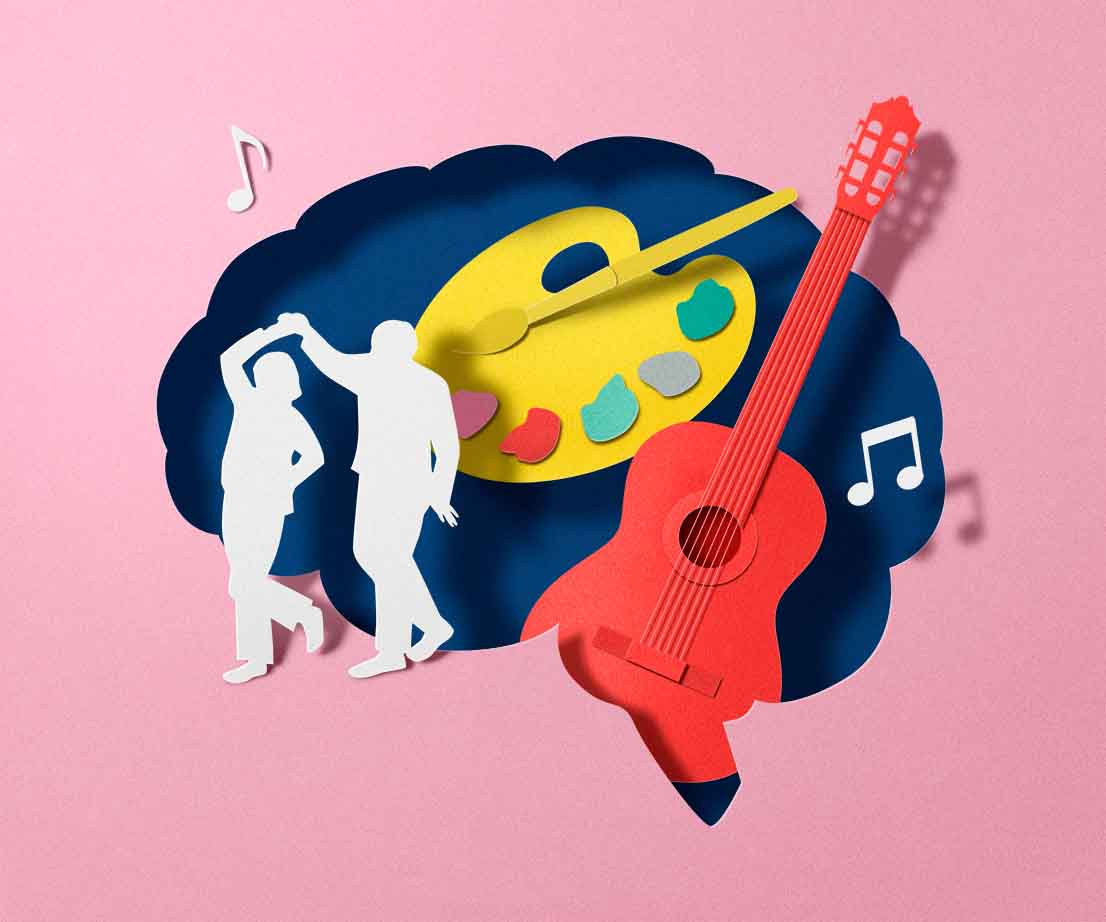 abstrakte Darstellung eines Hirns, das eine Malerausstattung, Gitarre und tanzende Menschen enthält