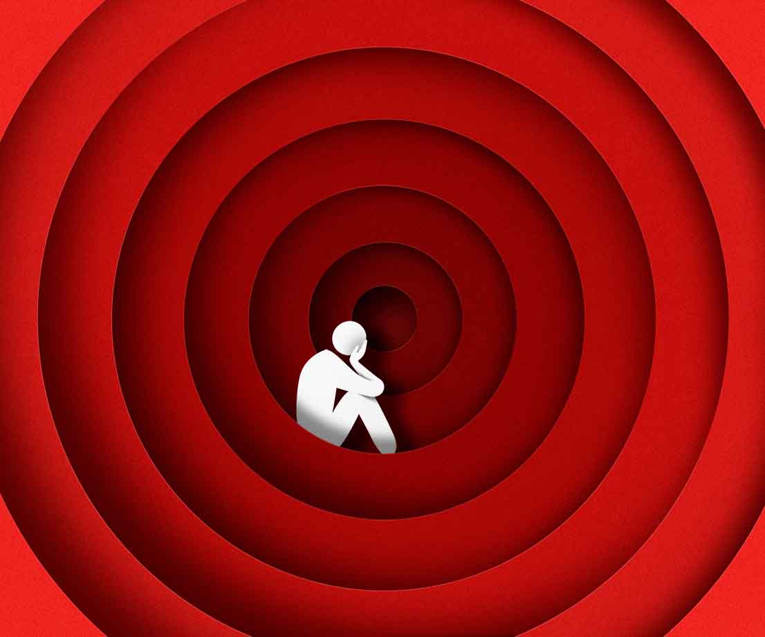 Person umgeben von einer roten Spirale als Symbol für sexualisierte Gewalt