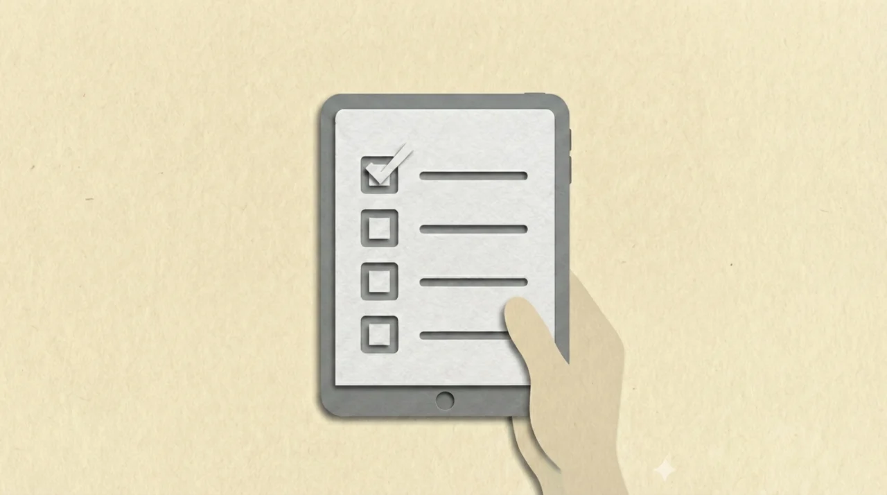 Hand hält en Tablet, auf dem eine Checkliste zu sehen ist